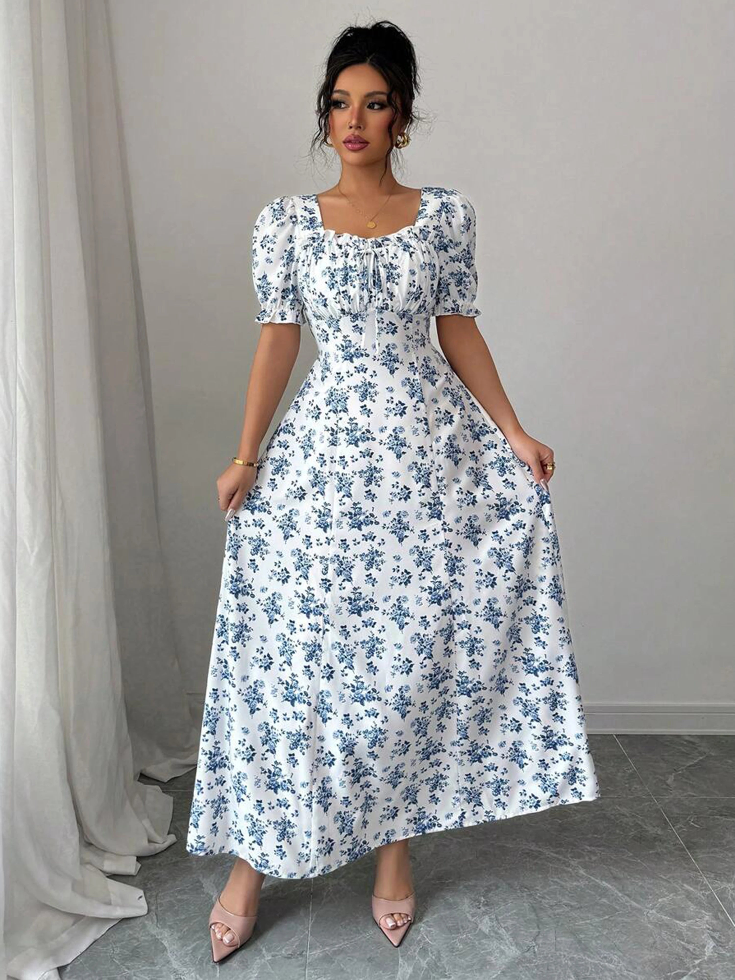 Puff-Sleeve Floral Woven Maxi Dress — Women's | Romantic Silhouette | Garden & Resort
