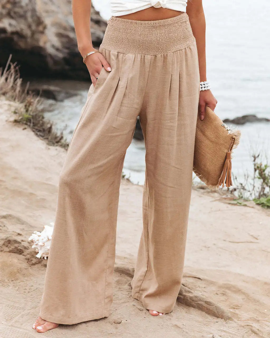 Drawstring Wide-Leg Beach Pants — Women's | Lightweight Woven | Resort Essential