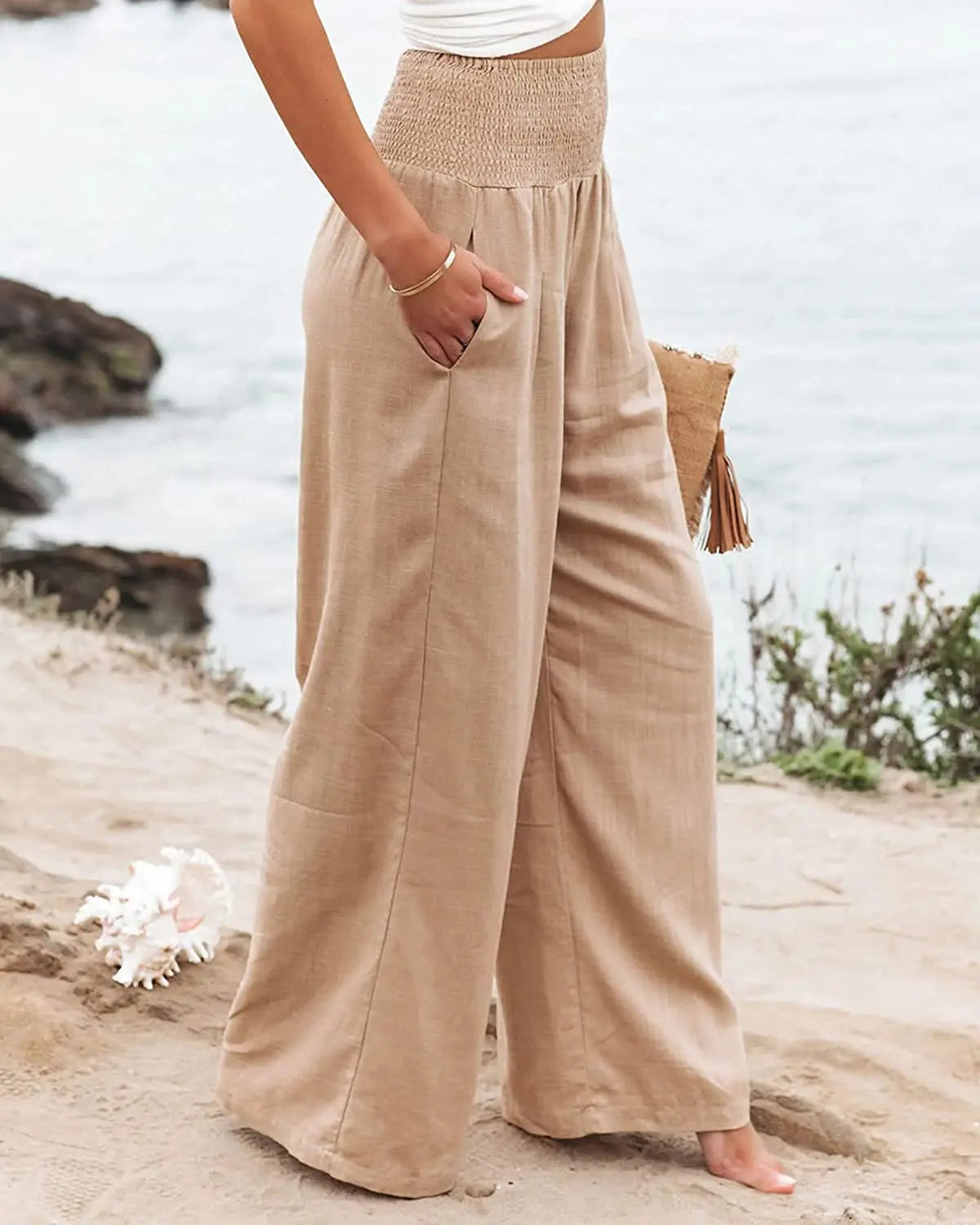 Drawstring Wide-Leg Beach Pants — Women's | Lightweight Woven | Resort Essential
