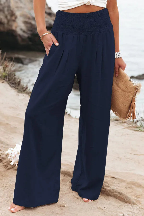 Drawstring Wide-Leg Beach Pants — Women's | Lightweight Woven | Resort Essential