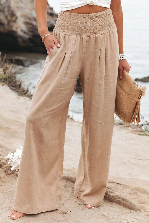 Drawstring Wide-Leg Beach Pants — Women's | Lightweight Woven | Resort Essential