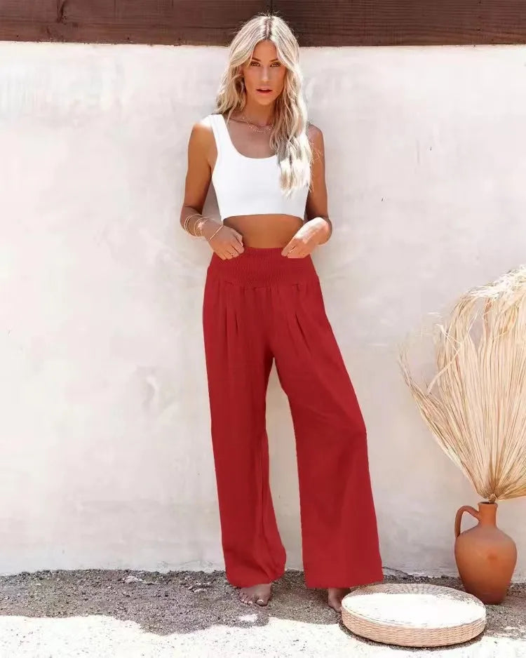 Drawstring Wide-Leg Beach Pants — Women's | Lightweight Woven | Resort Essential