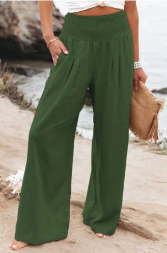 Drawstring Wide-Leg Beach Pants — Women's | Lightweight Woven | Resort Essential