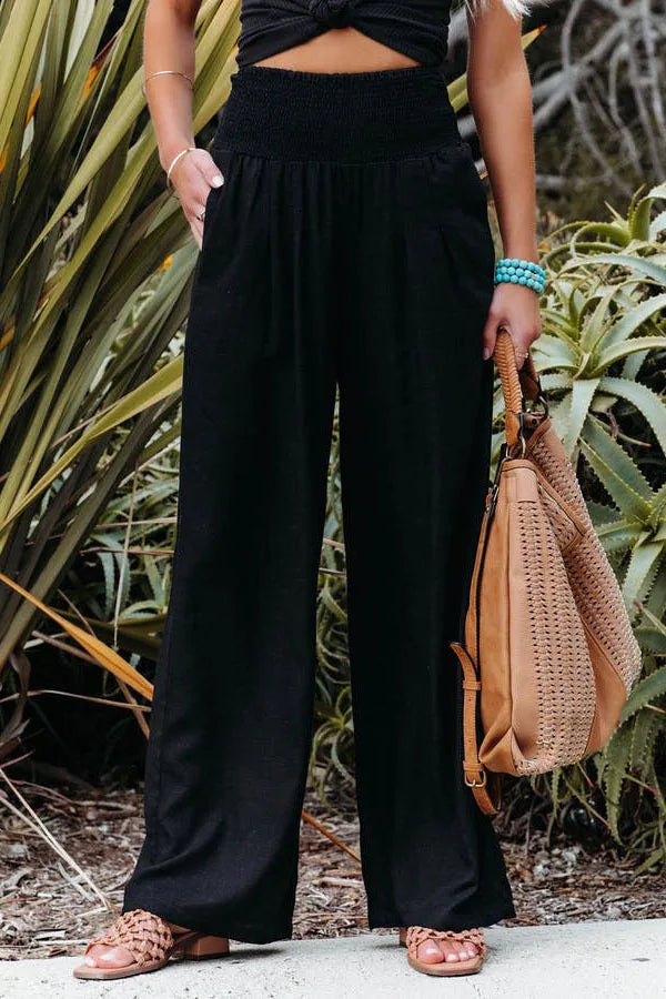 Drawstring Wide-Leg Beach Pants — Women's | Lightweight Woven | Resort Essential